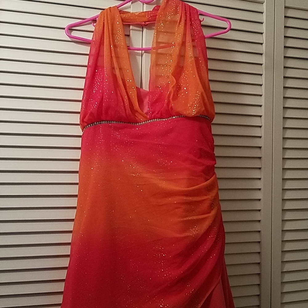 Orange-Red Satin Dress with Glittery Chiffon Wrap